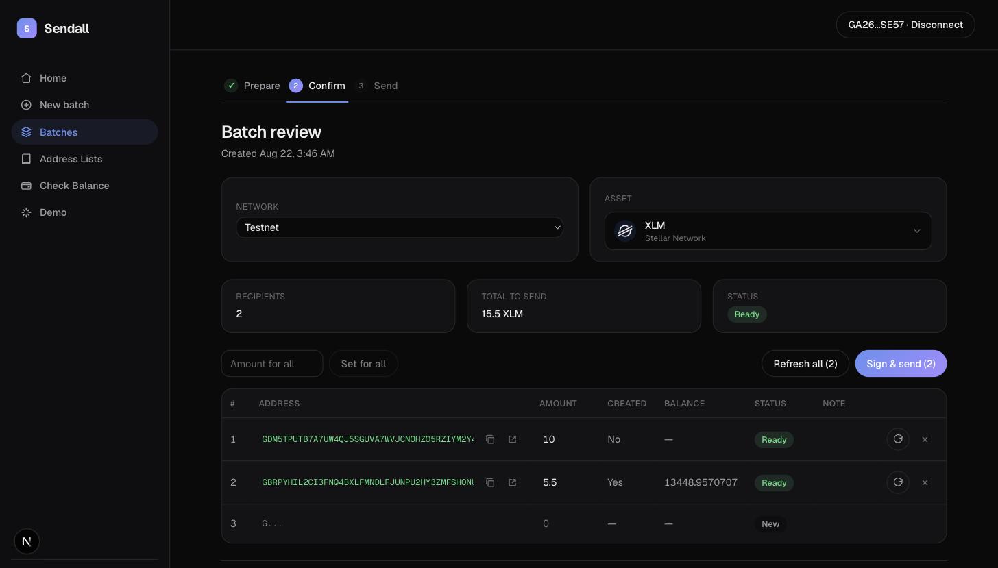 The Confirm screen, showing a two-recipient batch ready to send