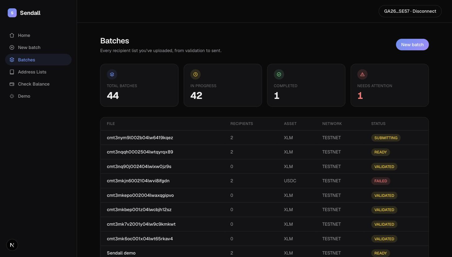 The Batches list, with recipient, asset, network, and status counts across every batch