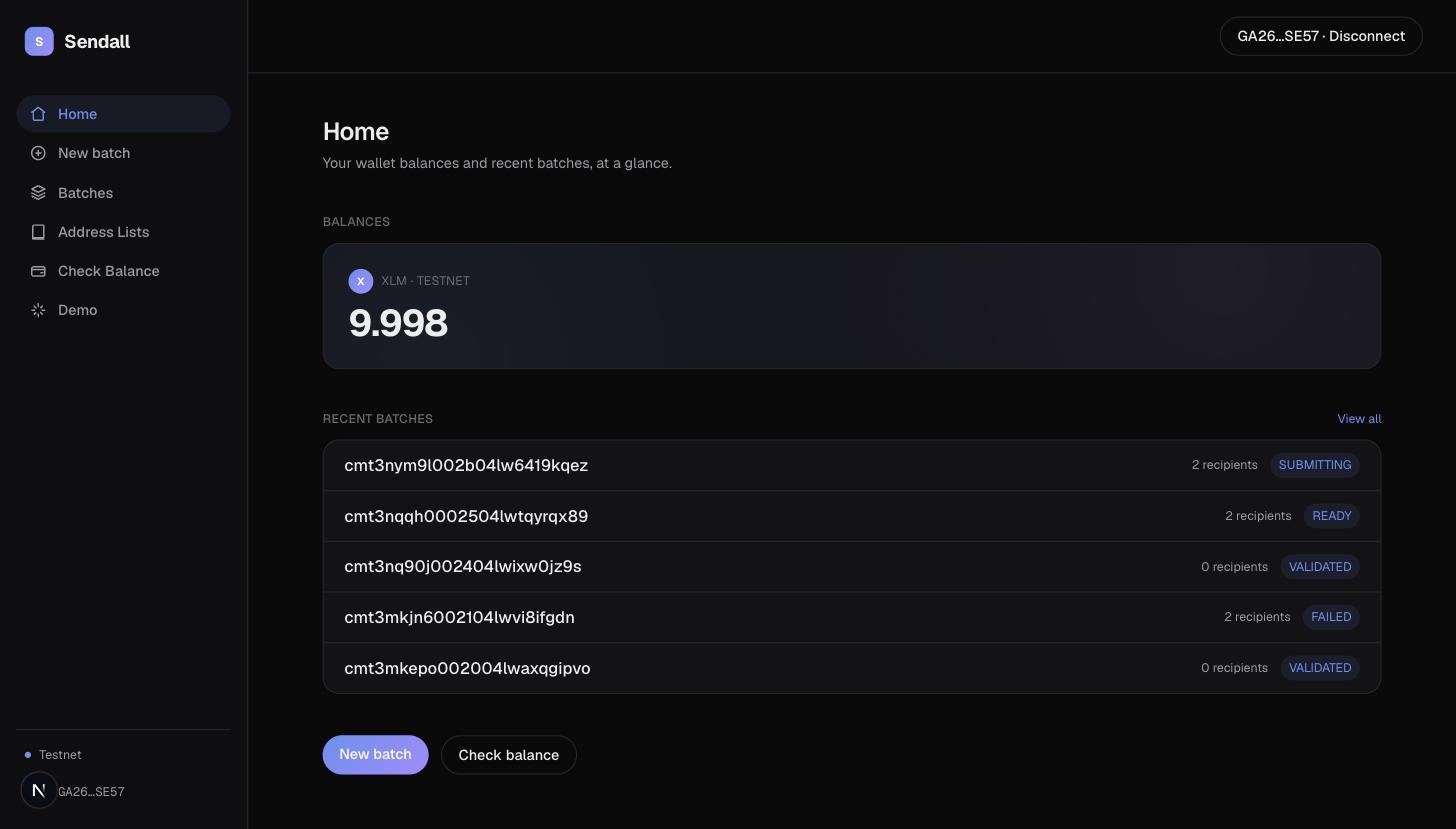 The Home dashboard, showing a connected wallet's XLM balance and recent batches